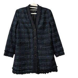 Ann Taylor blue black tweed blazer button-up fringe edge Old Money‎ Style Size 2